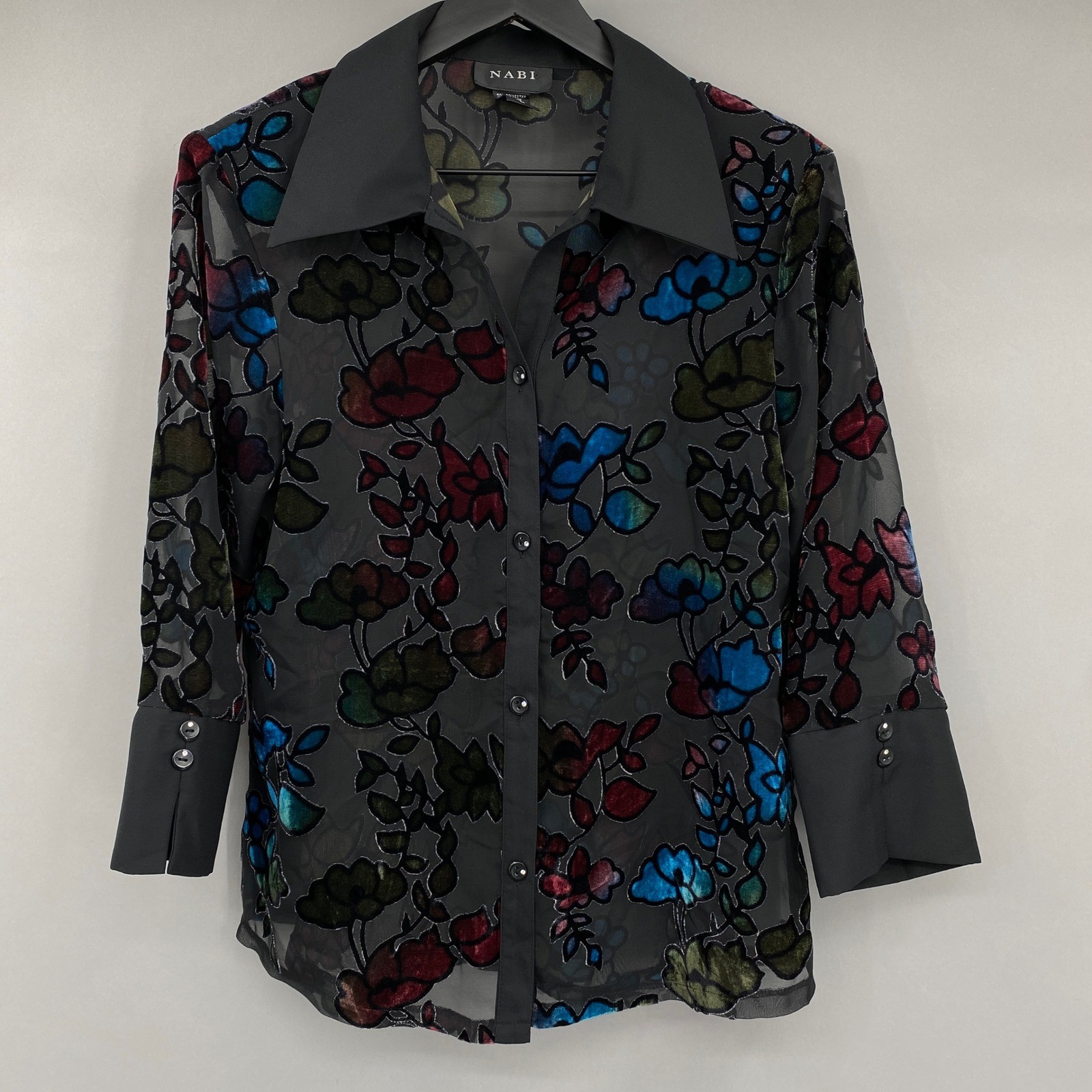 Vtg NABI Sheer Burnout Velvet Floral Top Womens Medium Whimsigoth Button Up Boho