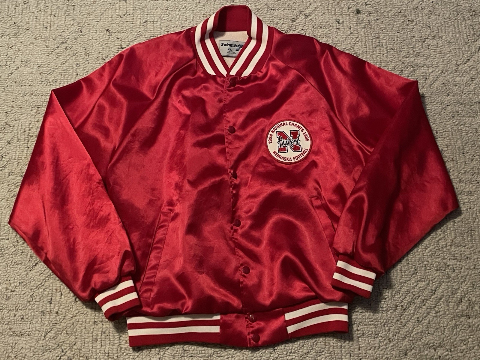 Vintage Nebraska Corn Huskers Patch National Champ Red Satin Jacket Swingster XL Vintage Nebraska Corn Huskers Patch National Champ Red Satin Jacket Swingster XL