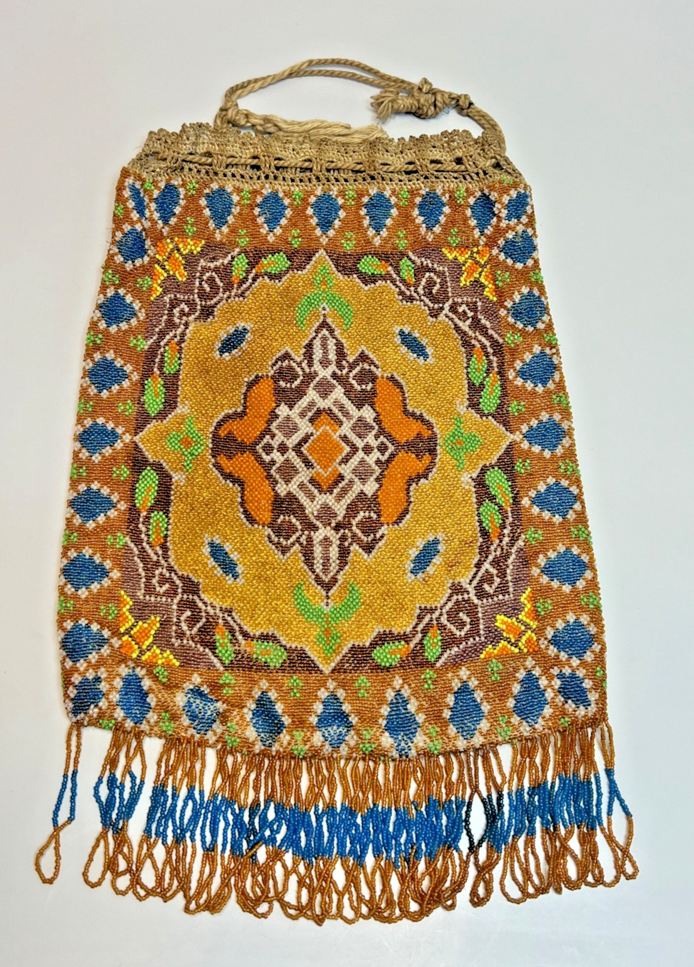 19c.Victorain Antique Beaded Purse Reticule Crochet Drawstring Bag Glass Beads