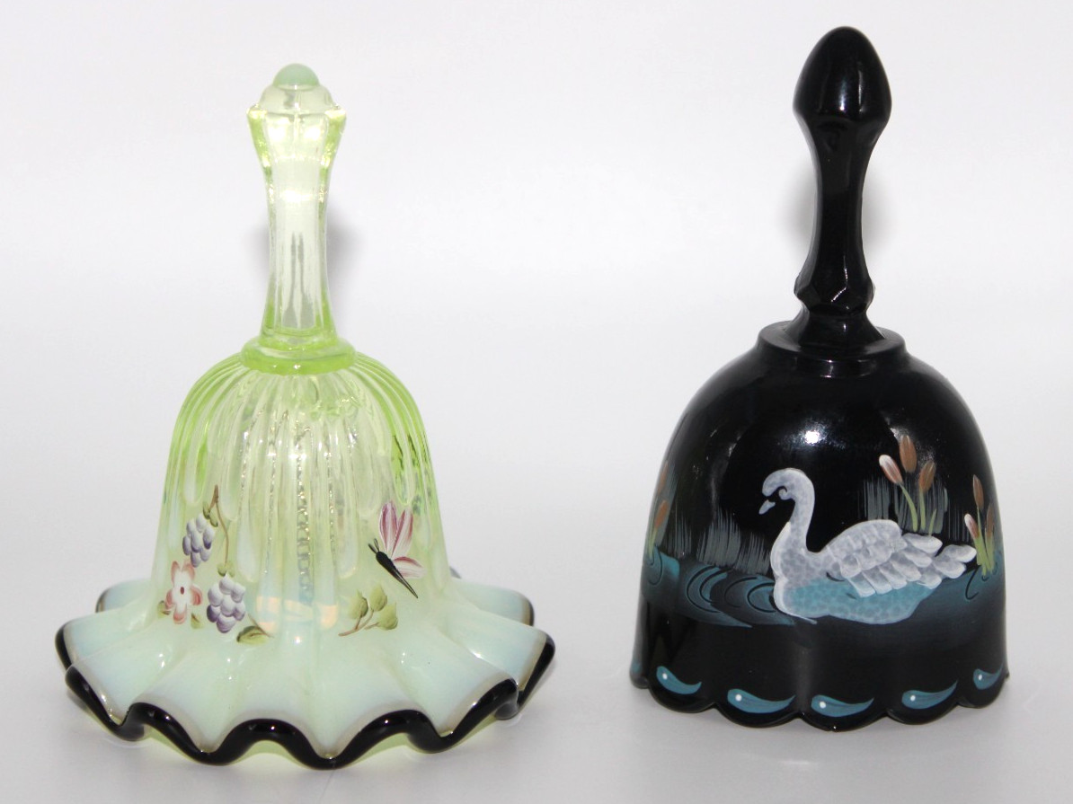 Fenton for QVC Mini Bells Topaz Ebony Crest Oval Black HP White Swan