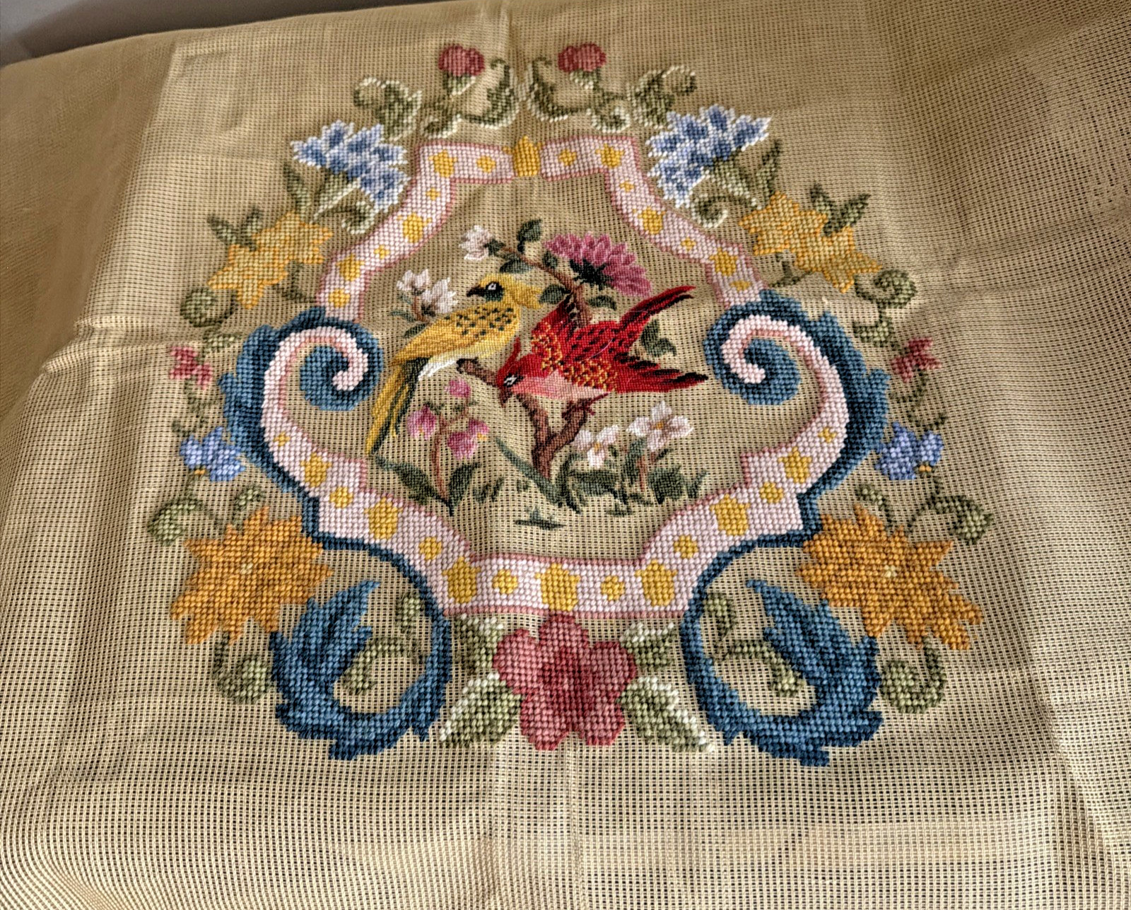 VTG  Needlepoint Canvas Tapestry Birds Floral Handwork Tapestries 30x30