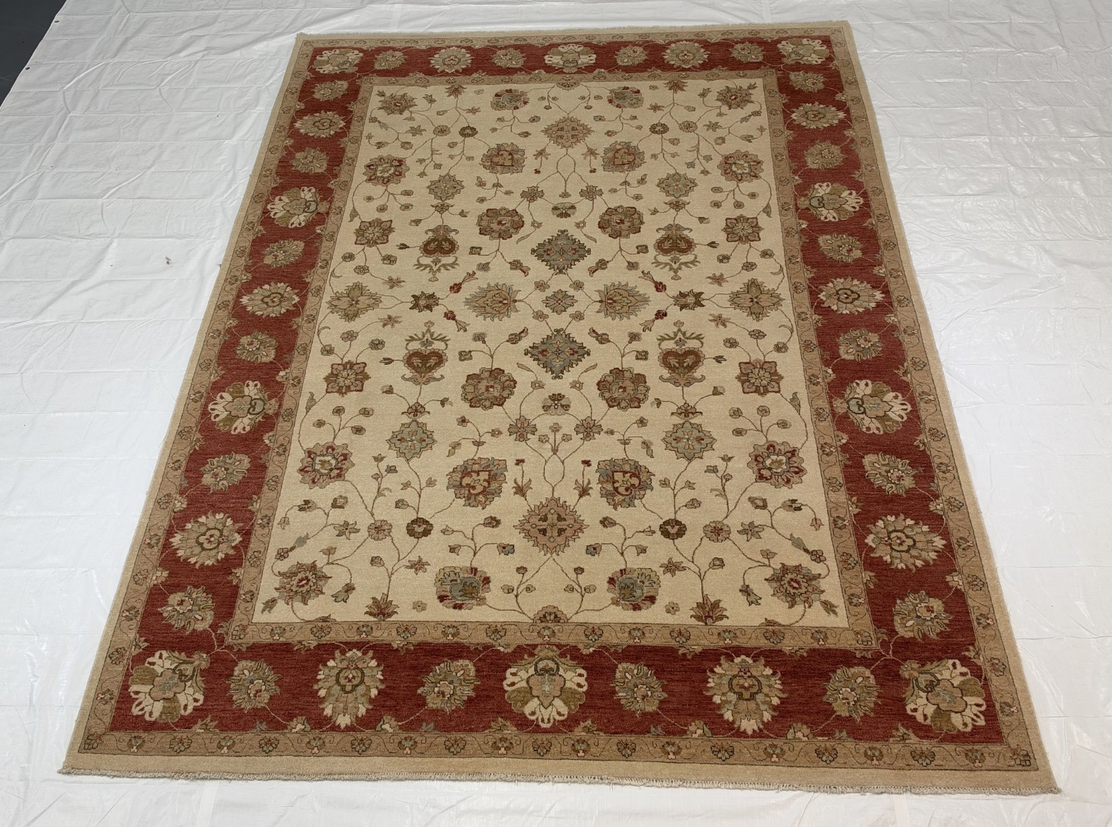 Hand Knotted Fine Large Beige Oushak Rug, 9x12 FT, Floral & Botanical Design