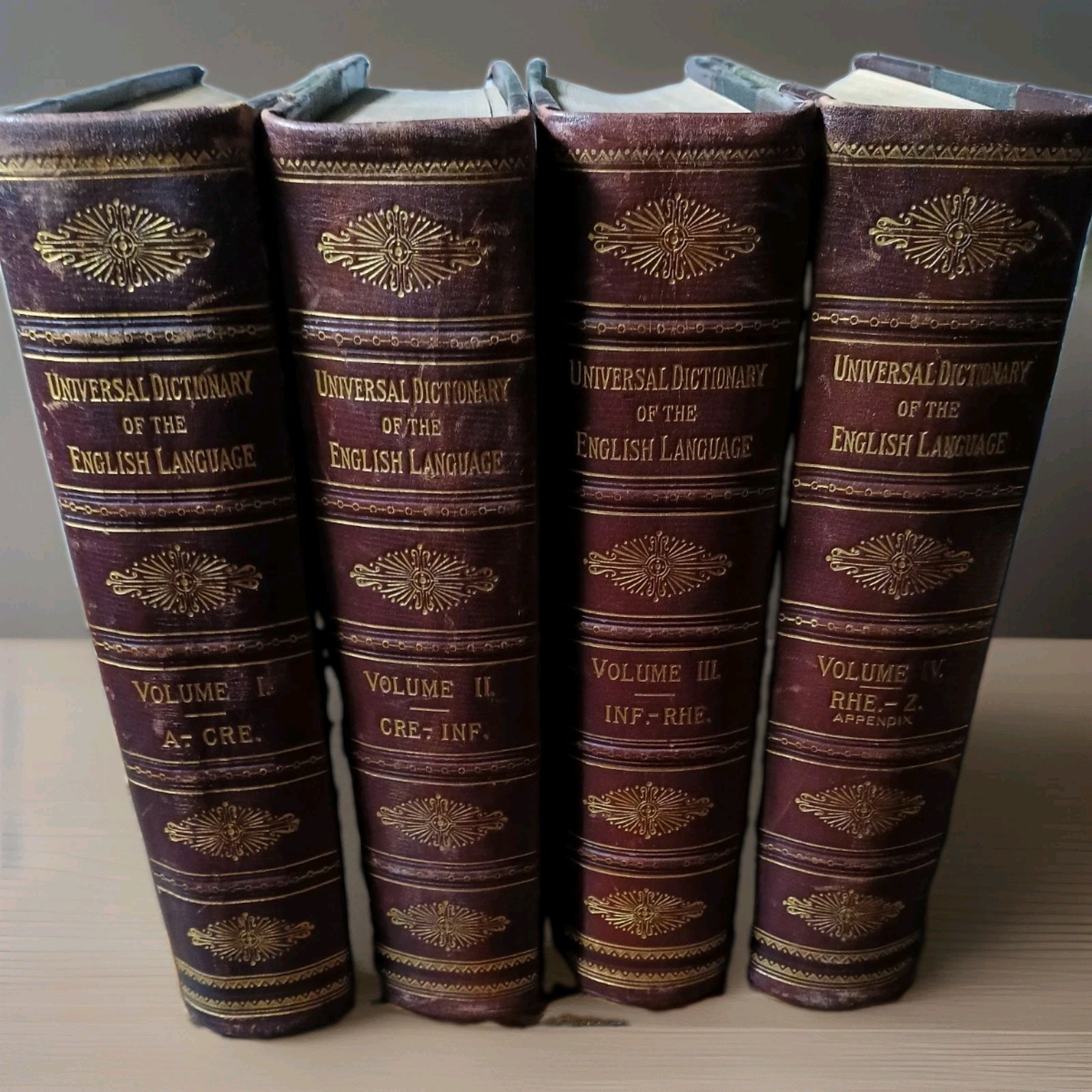 Antique 1897 Universal Dictionary English Language 4 Vol Set Leather Gold Decor