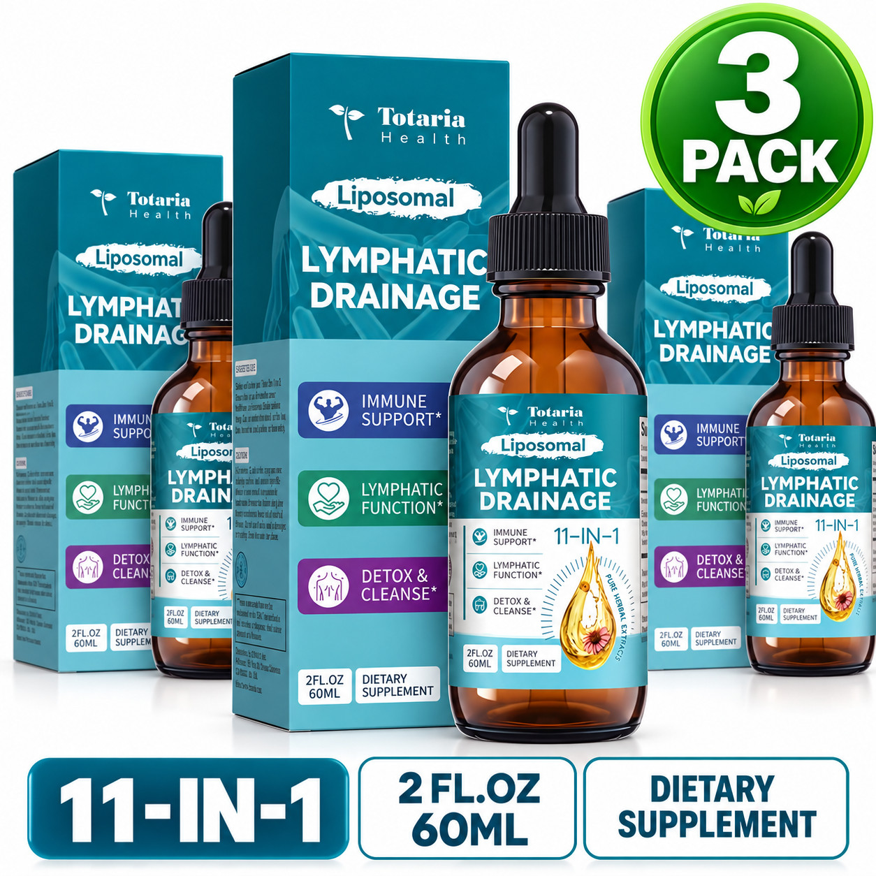 Totaria Liposomal Lymphatic Drainage Drops 11-in-1 Organic 2 Fl Oz 3 Pack