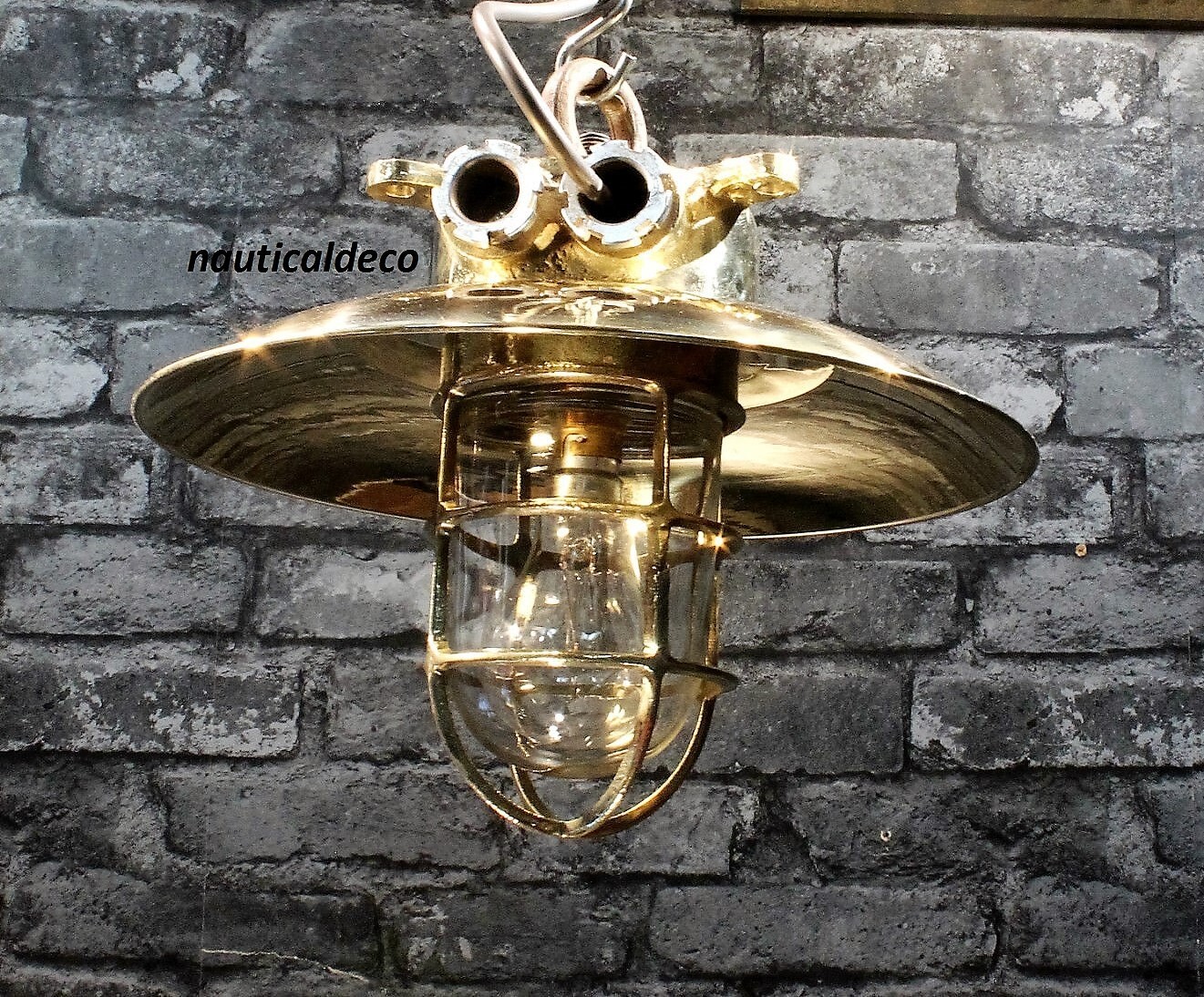 Vintage Brass Passage Ceiling Hanging Light Fixtures Big Shade Lot of 2 Antique