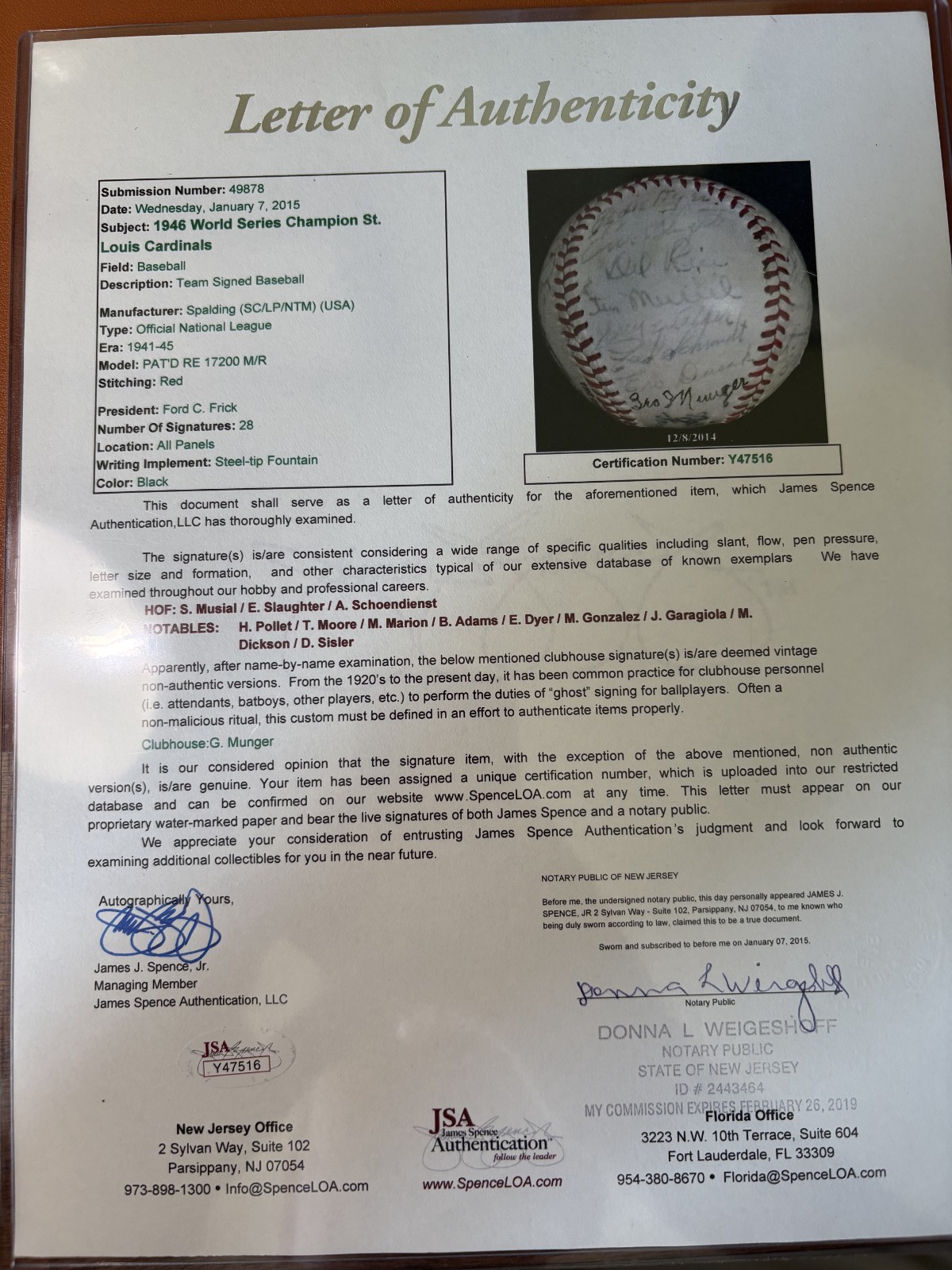 1946 St. Louis Cardinals World Series Champs Team Signed Baseball JSA COA 1946 St. Louis Cardinals World Series Champs Team Signed Baseball JSA COA