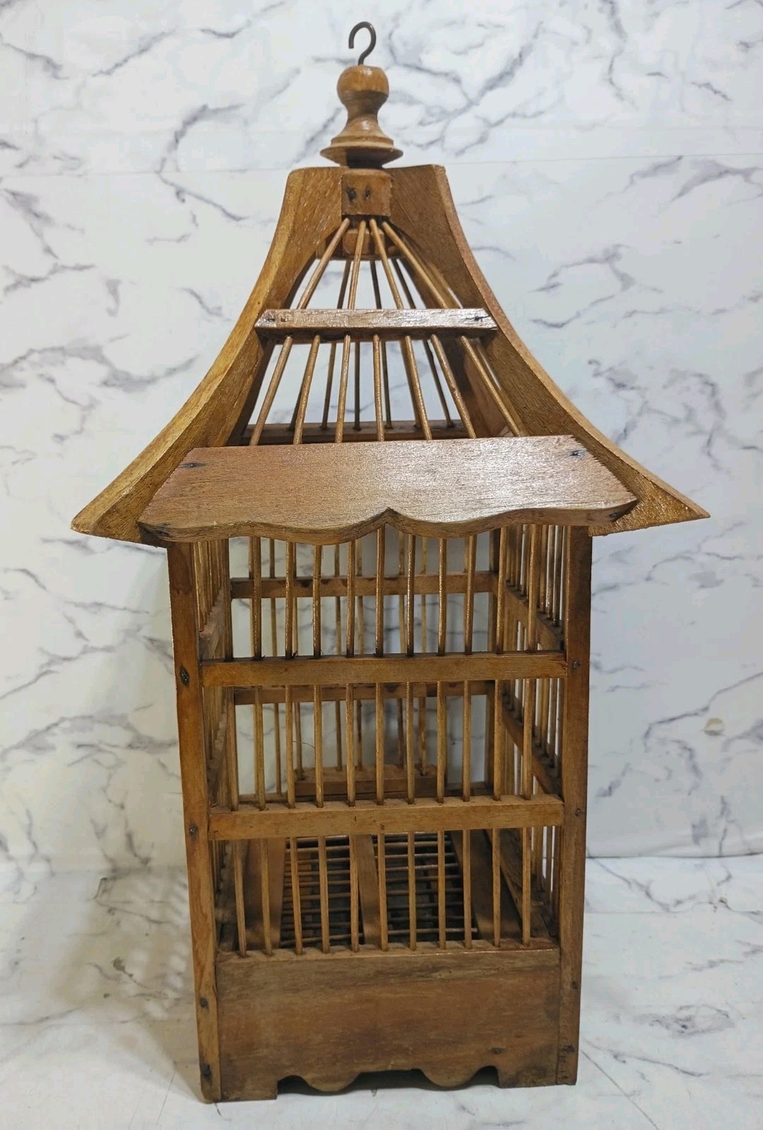 Wooden Pagoda-Style Decorative Birdcage with Hanging Hook Vtg