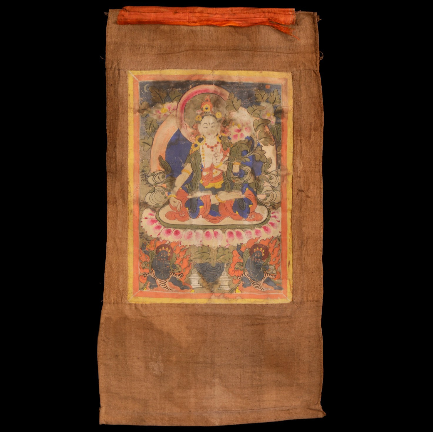 Antique Tibetan Thangka White Tara Goddess Budha Statue Temple Painting  19TH C