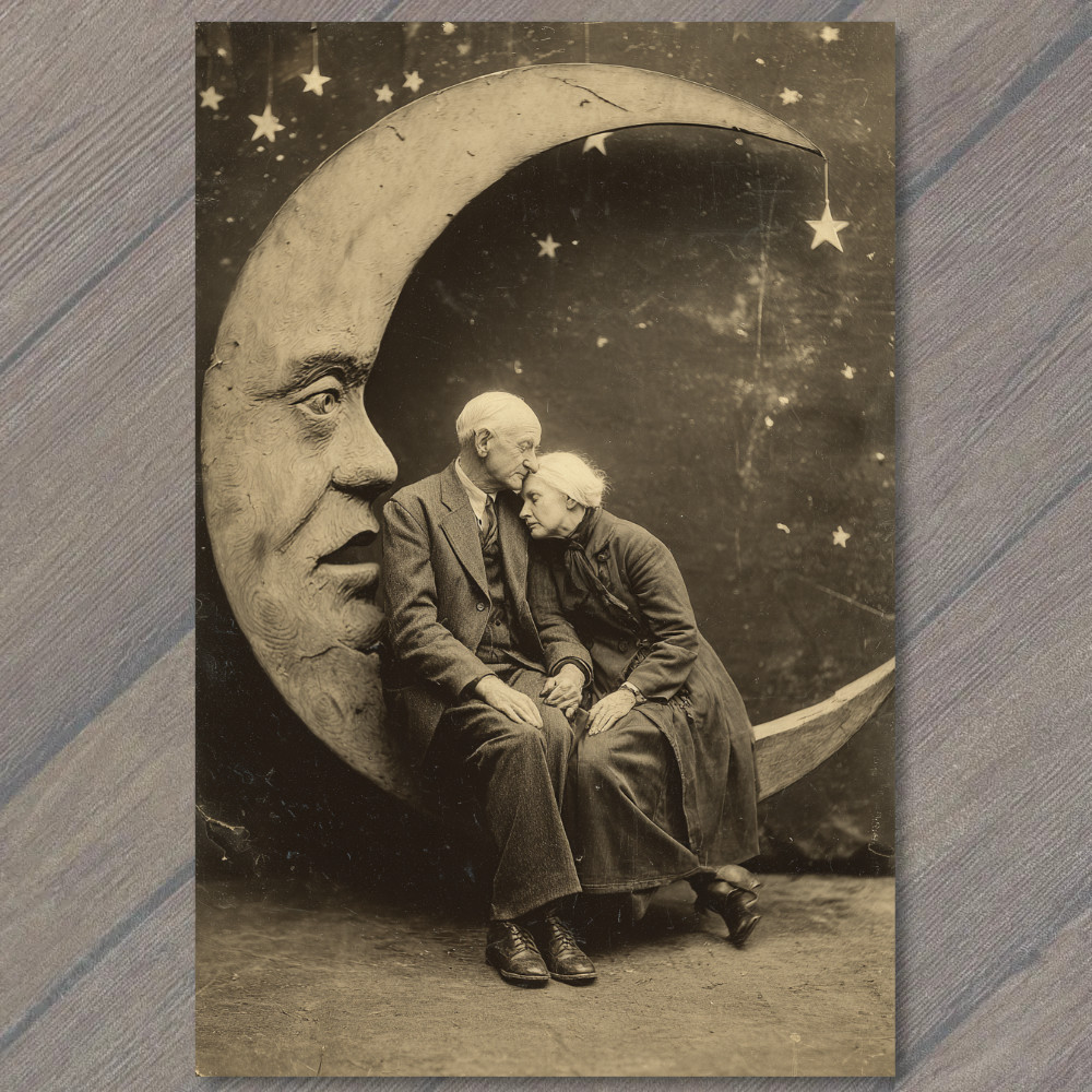 POSTCARD Elderly Couple Resting Upon Crescent Moon Vintage Night Sky Stars ``` POSTCARD Elderly Couple Resting Upon Crescent Moon Vintage Night Sky Stars ```
