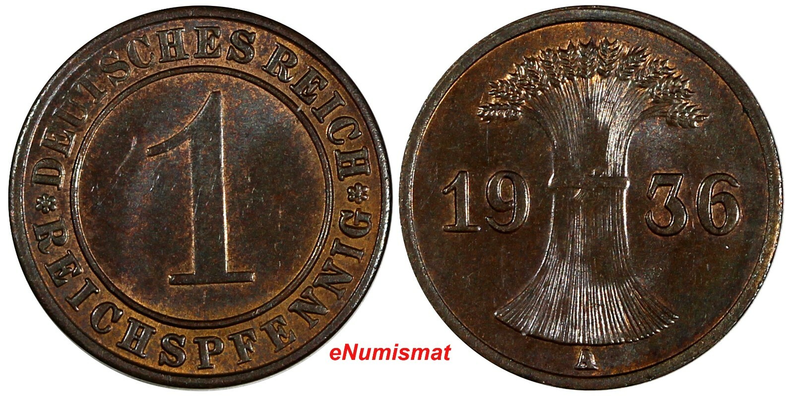 Germany - Weimar Republic Bronze 1936 A 1 Reichspfennig UNC KM# 37 (20 245) Germany - Weimar Republic Bronze 1936 A 1 Reichspfennig UNC KM# 37 (20 245)