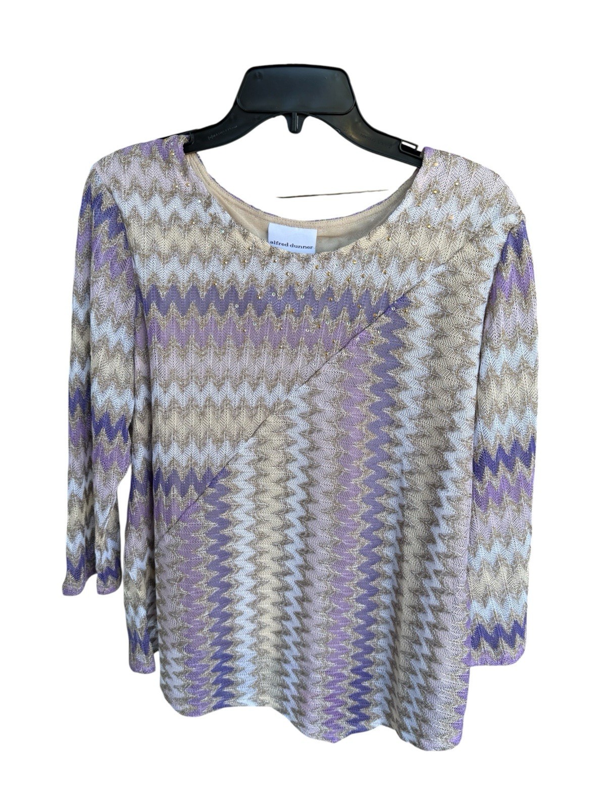 Alfred Dunner  NWT Charm School 2024 Purple /Gold Chevron Zig-Zag Knit Top, L