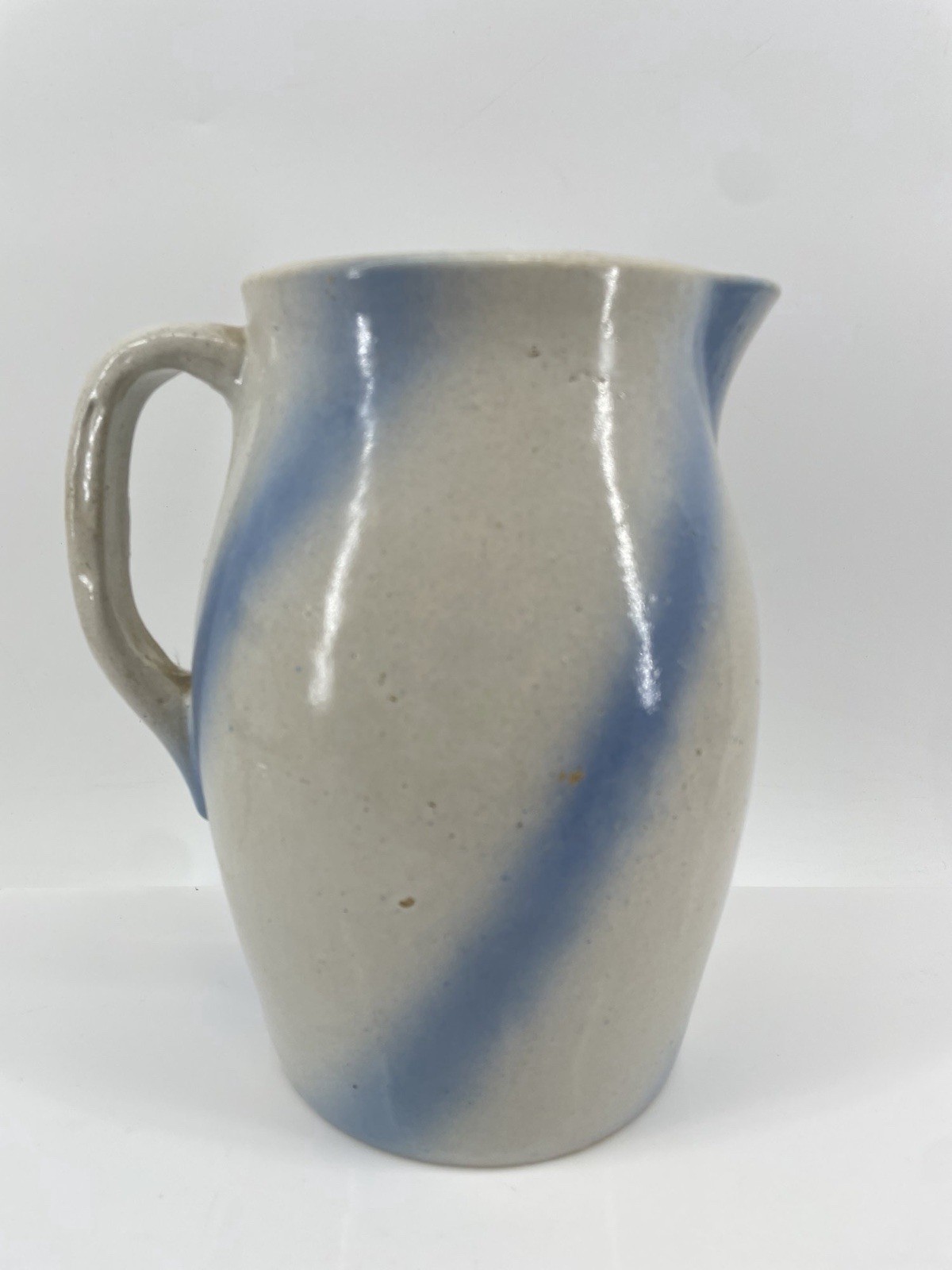 Antique Diffused Blue & White Swirl Pitcher Stoneware Salt Glazed Pottery