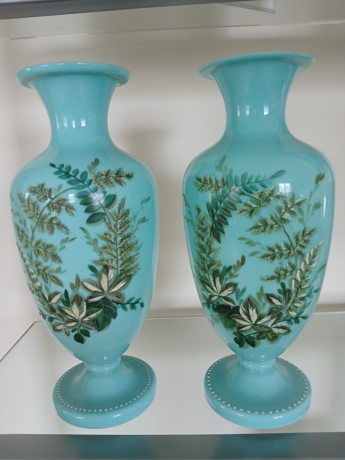 Pr Antique Bohemian Turquoise Opaline  Vases Hand Enameled Floral Harrach