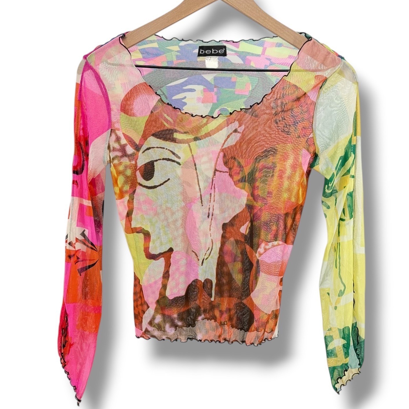 Bebe Vintage Sheer Mesh Graphic Top Medium Abstract Face Whimy Picasso  Y2K 90s