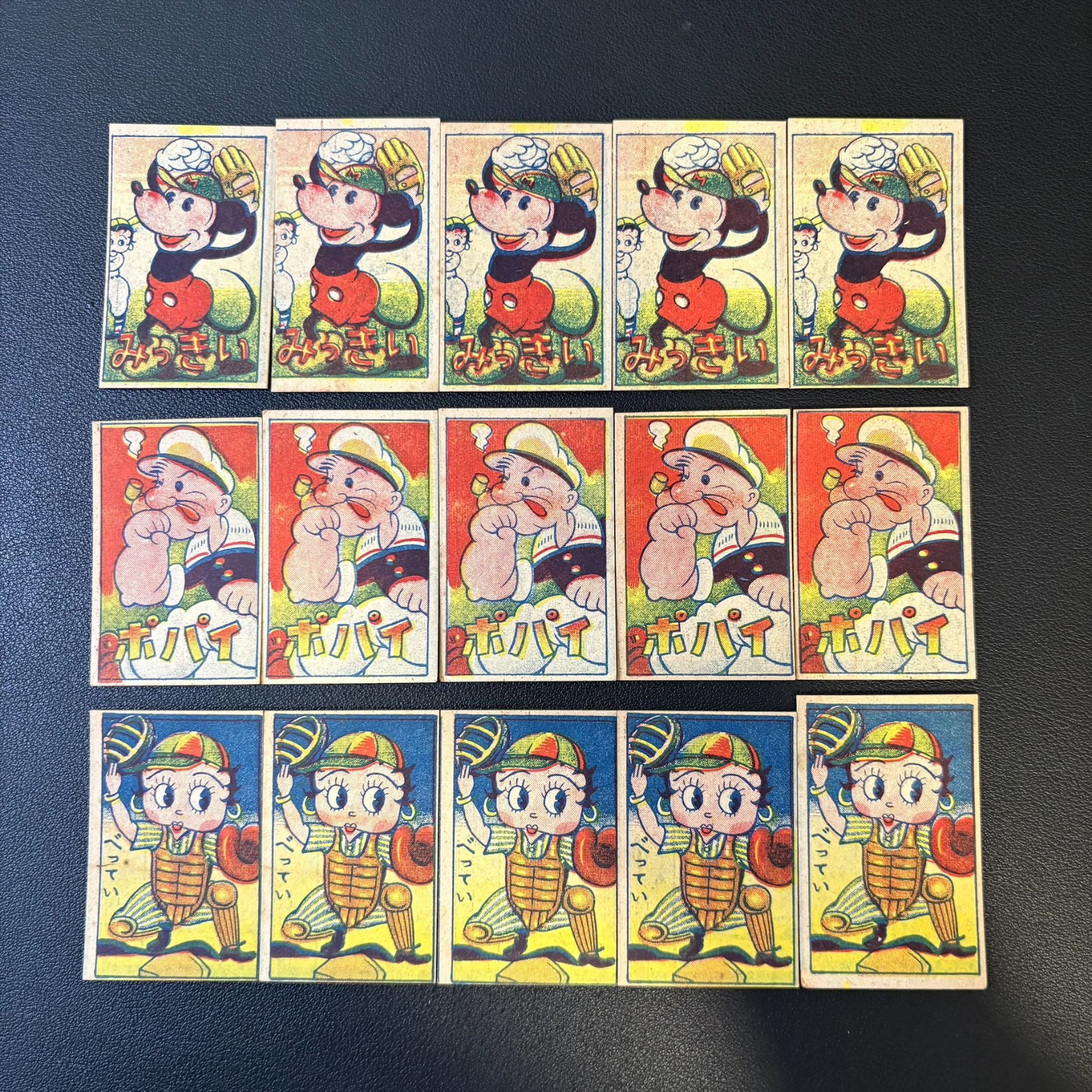 Japanese MENKO Cards Mickey Mouse , Popeye , Betty , Vintage 1948 , 15 pcs total