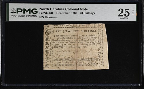 1768 Dec. North Carolina 20 Shillings Fr NC-131 PMG 25 NET TOP POP Rare Note