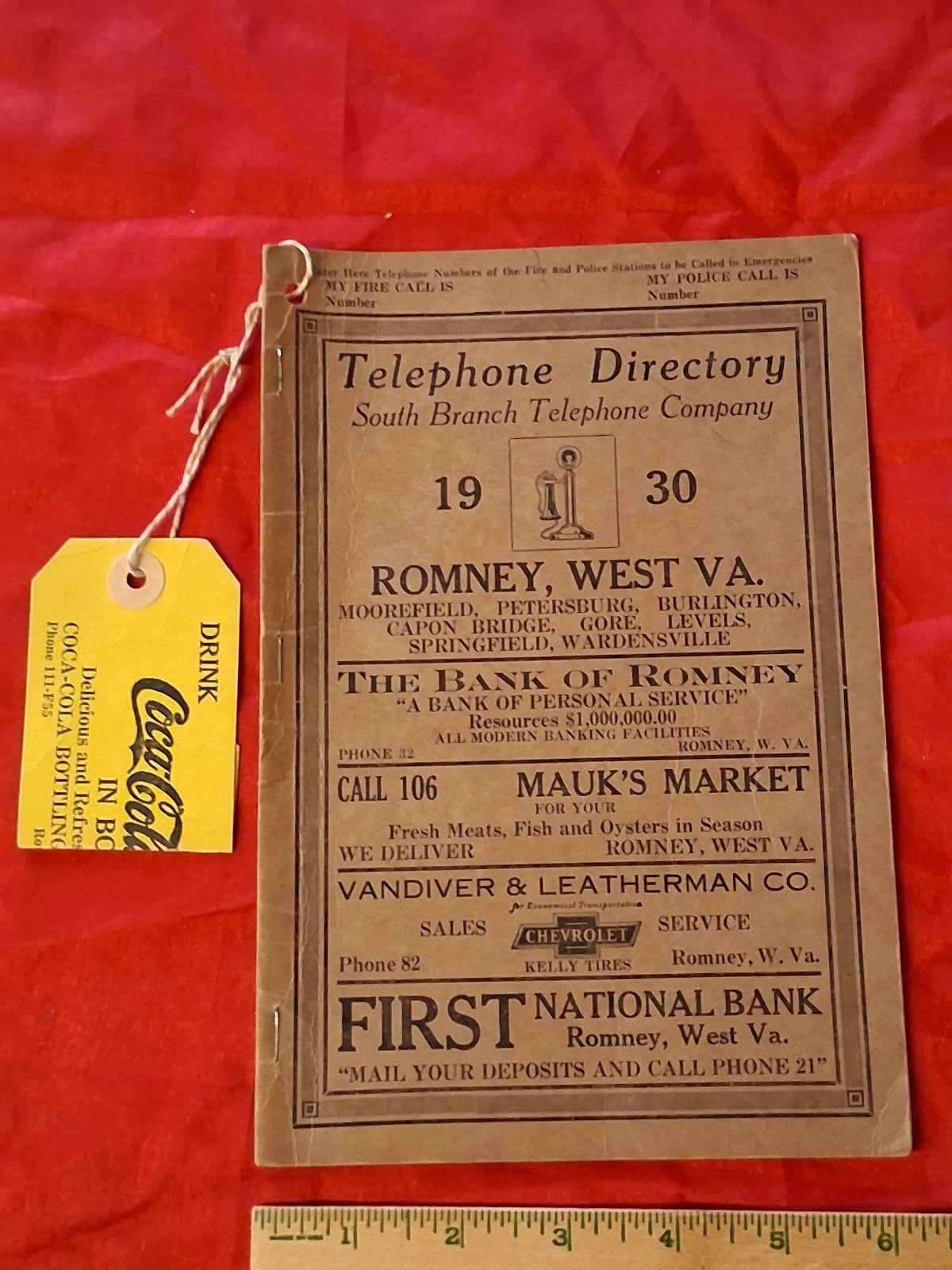 1929 Phone Directory Romney West Virginia WV South Branch Telephone Coke Cola