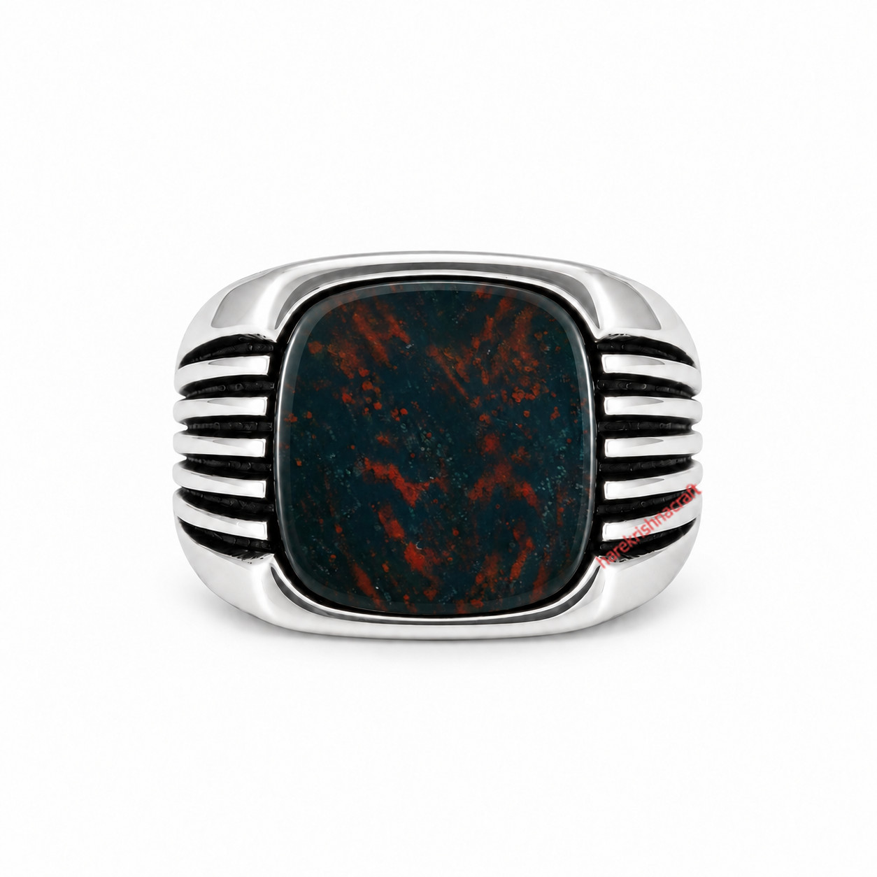 925 Sterling Silver Oxidized Bloodstone Cushion Gemstone Men\'s Signet Ring.