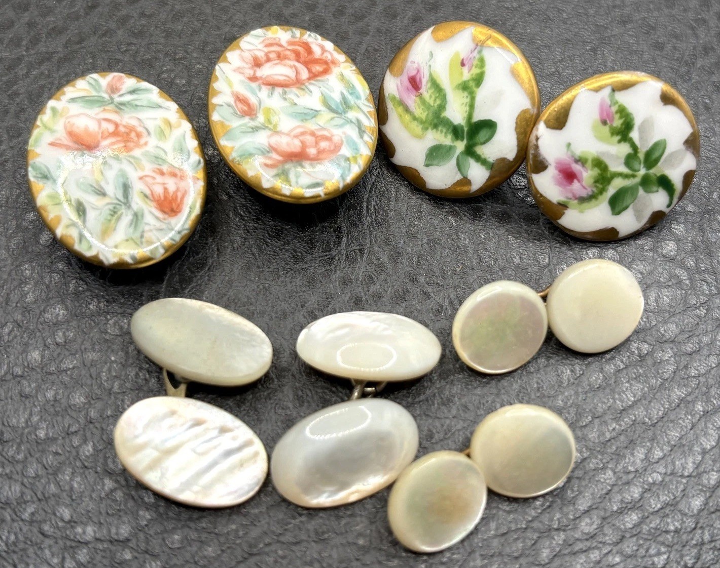 Vintage Hand Painted Porcelain & Mother of Pearl Cufflinks Lot Gold Tone