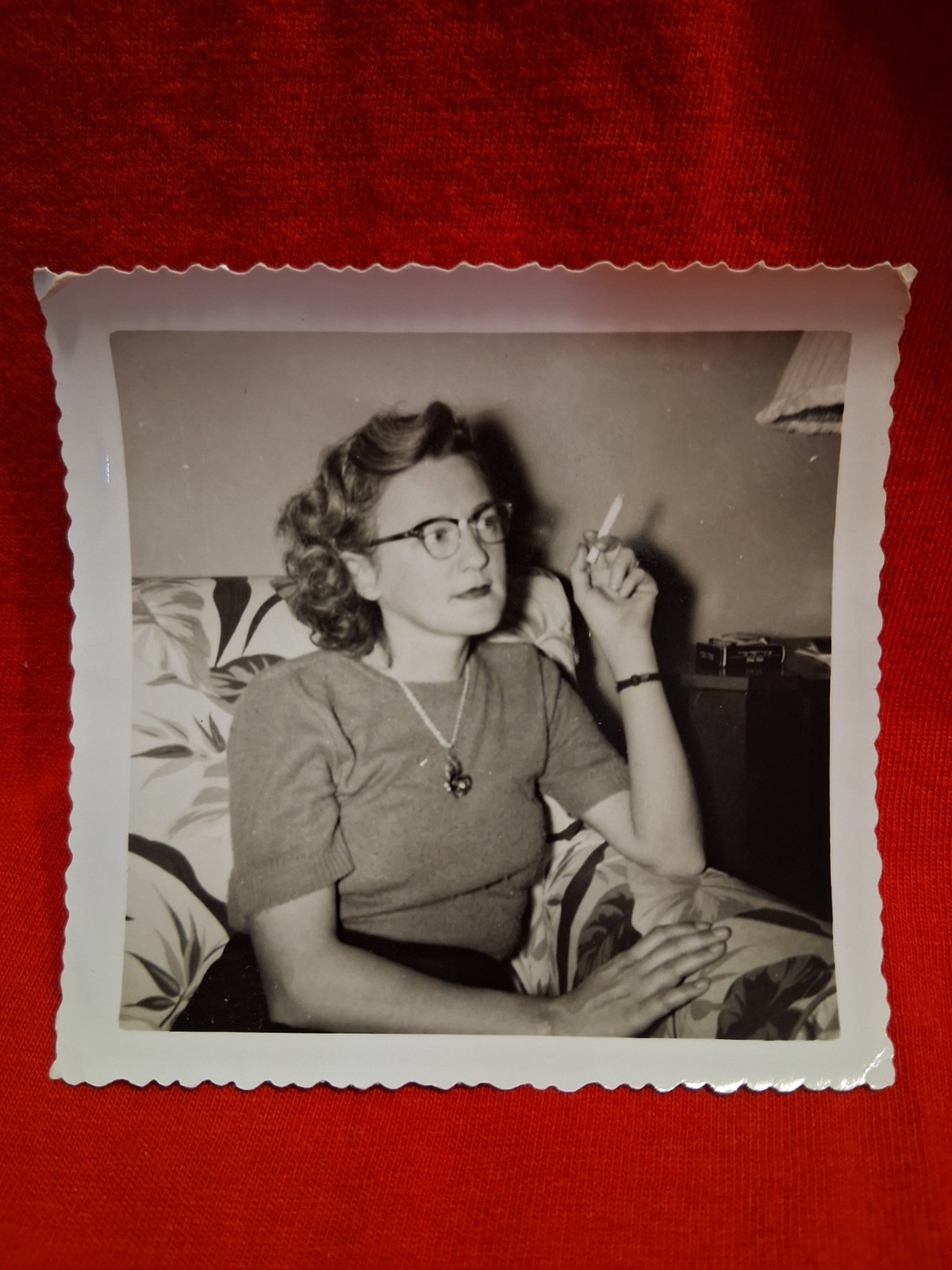 Vintage B&W Photo Pretty Woman Smoking On The Couch