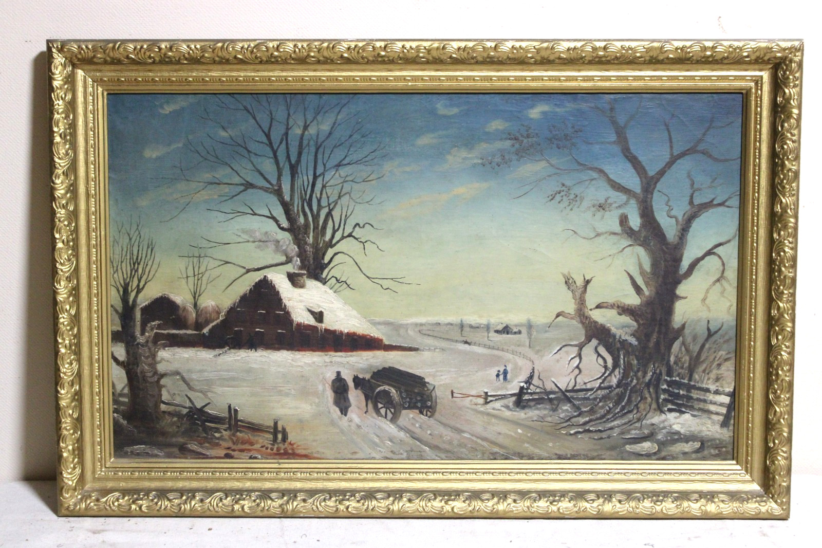 19thC ANTIQUE OIL PAINTING HORSE CART MOTHER CHILD COUNTRY LANDSCAPE GILT FRAME