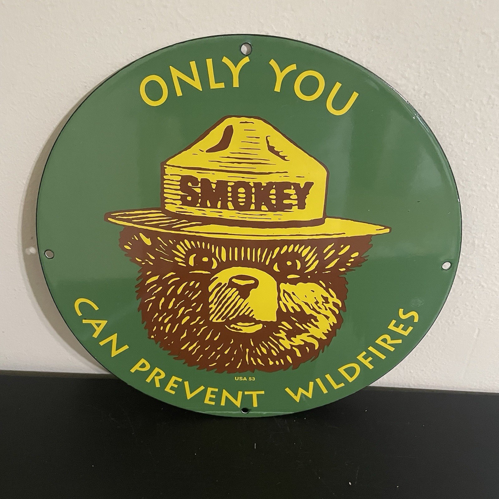 VINTAGE SMOKEY THE BEAR GREEN ONLY YOU GASOLINE OIL PORCELAIN SIGN VINTAGE SMOKEY THE BEAR GREEN ONLY YOU GASOLINE OIL PORCELAIN SIGN