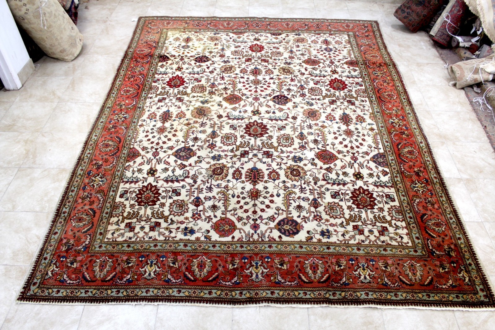 10X13 1940's ANTIQUE HAND KNOTTED VEGETABLE DYE IVORY TABRIZZ WOOL PERSIANN RUG