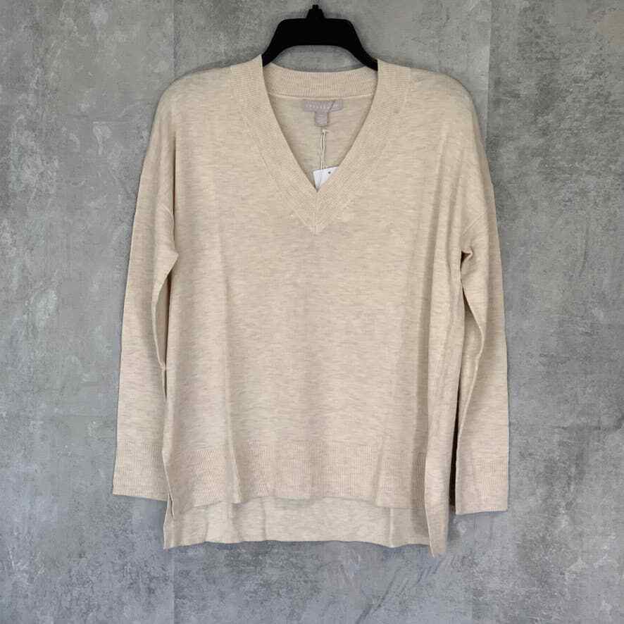 Chelsea28 Women\'s Beige Oatmeal Heather V-Neck Oversized Hi-Low Sweater SZ XXS Chelsea28 Women\'s Beige Oatmeal Heather V-Neck Oversized Hi-Low Sweater SZ XXS
