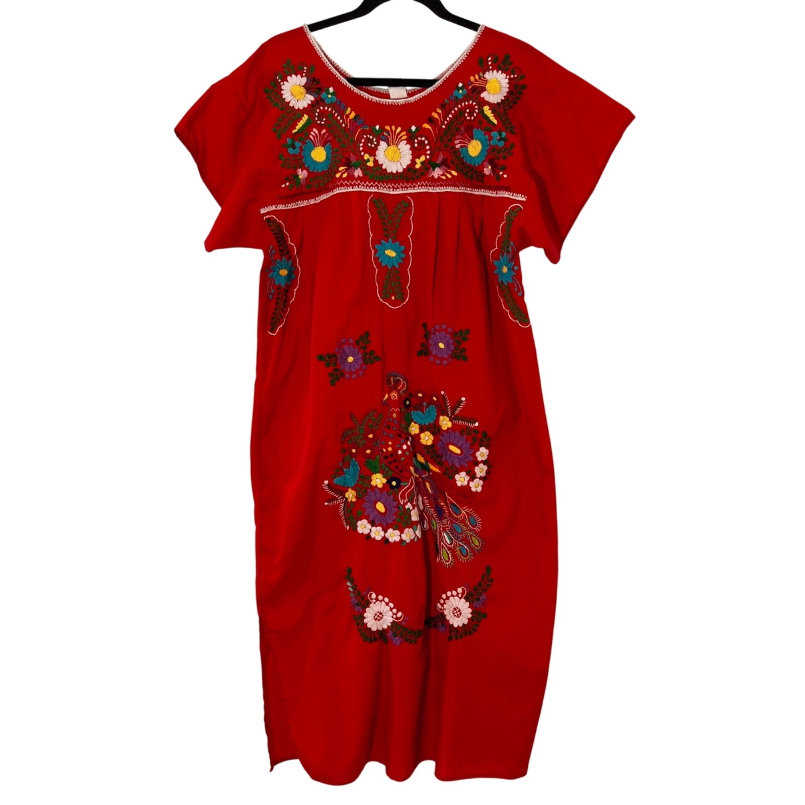 Vintage Traditional Mexican Midi Dress Puebla Oaxacan Embroidery Red Flowers M