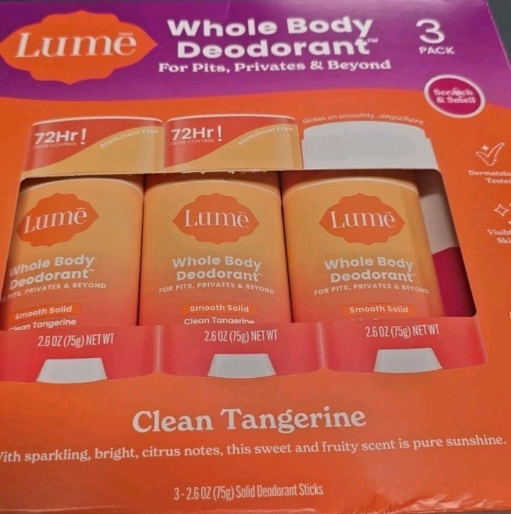 LUME WHOLE BODY DEODORANT SMOOTH SOLID STICKS, CLEAN TANGERINE 3 X 2.6OZ New
