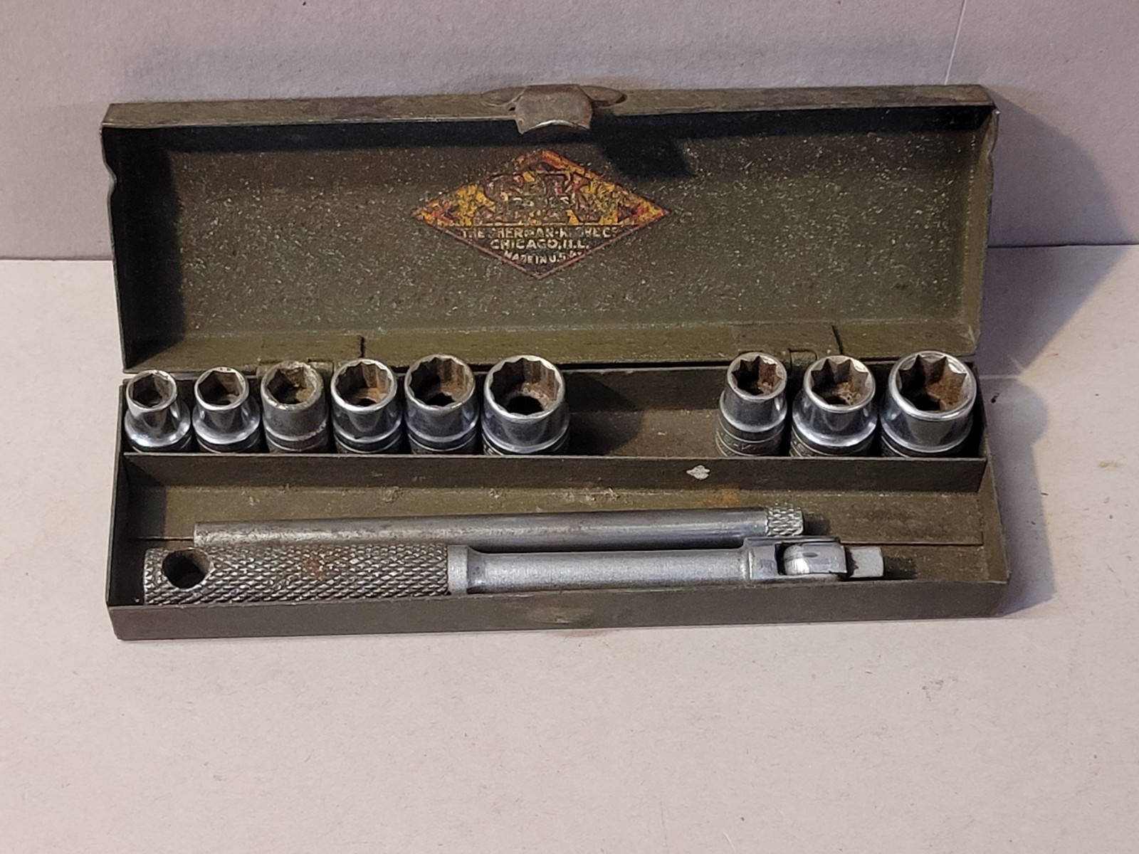 Vintage SK Tools Sherman Klove 1/4” Drive Socket Set 11 pc W/ Case Knurled USA
