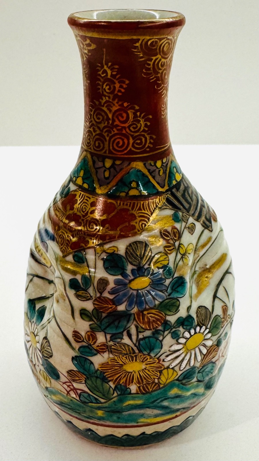 Antique Japanese Kutani Vase Meiji Era Hand Painted Bird Floral Gilt Marked