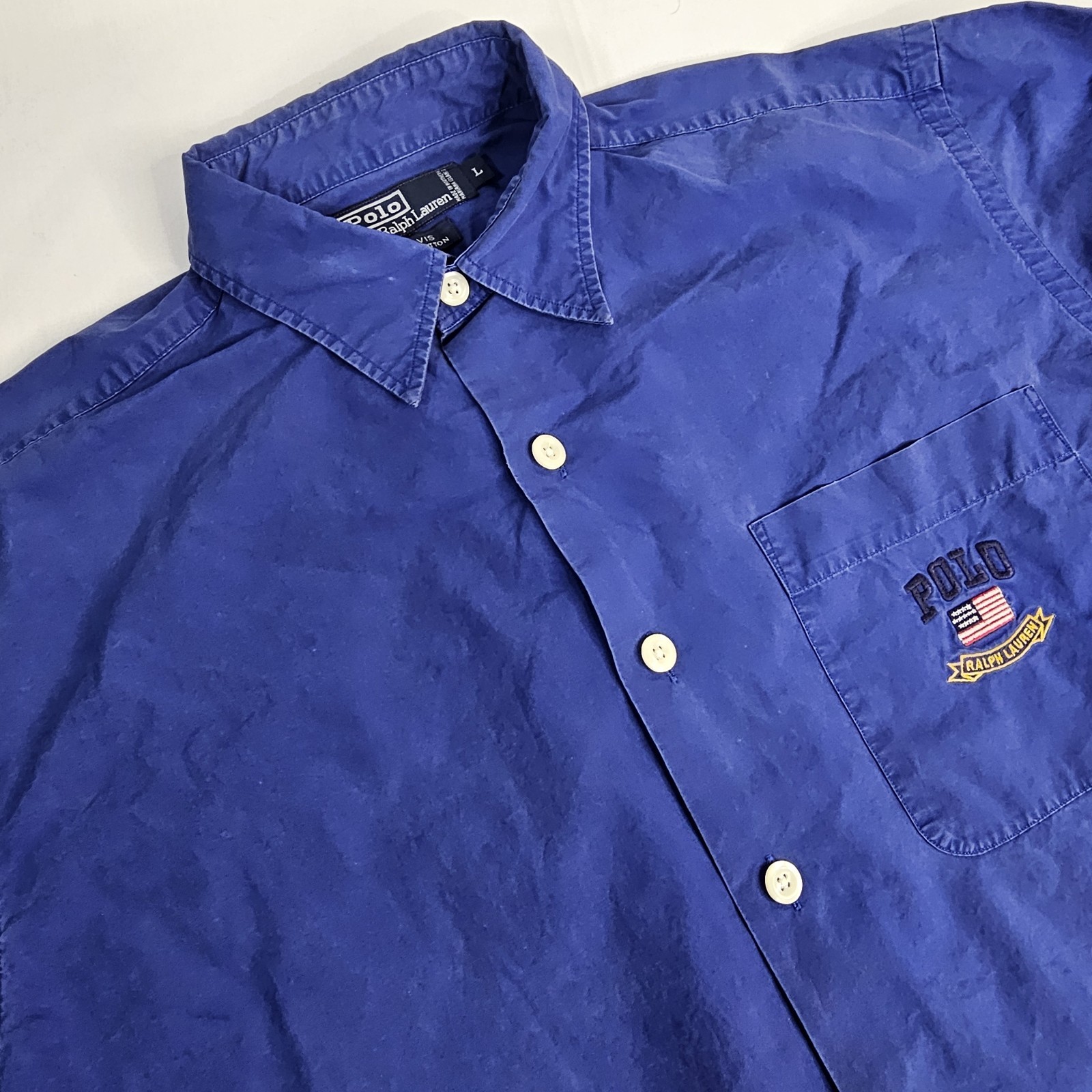Vintage Polo Ralph Lauren Davis Shirt Large Royal Blue USA Flag Crest Logo 90s Vintage Polo Ralph Lauren Davis Shirt Large Royal Blue USA Flag Crest Logo 90s