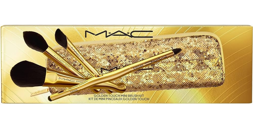 MAC GOLDEN TOUCH MINI BRUSH 5 PC GOLD KIT BAG 498SES 497SES 499SES 595/596 NIB
