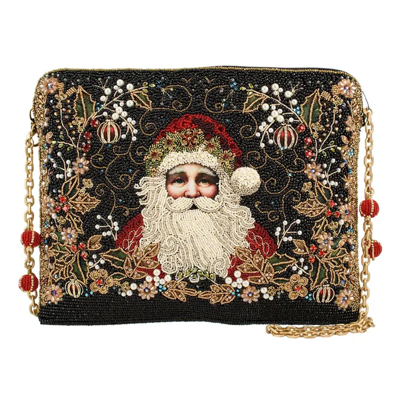 Mary Frances Holiday Magic Santa Beaded Zip Christmas Handbag Bag Black Purse NW