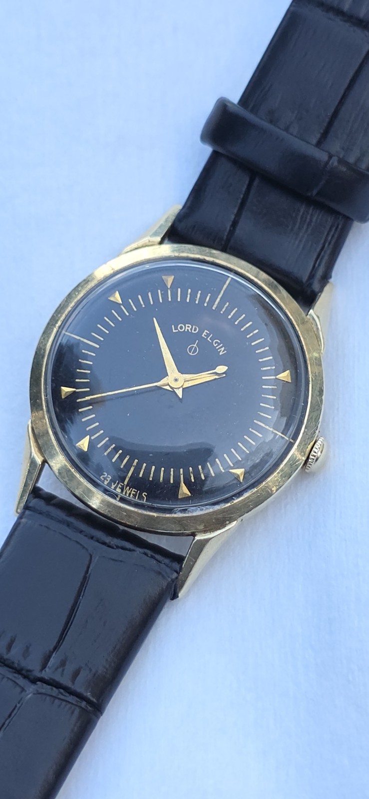 Vintage Lord Elgin 7622 Cal 750 23j Men's 32mm 14k GF Black Dial Manual Watch 