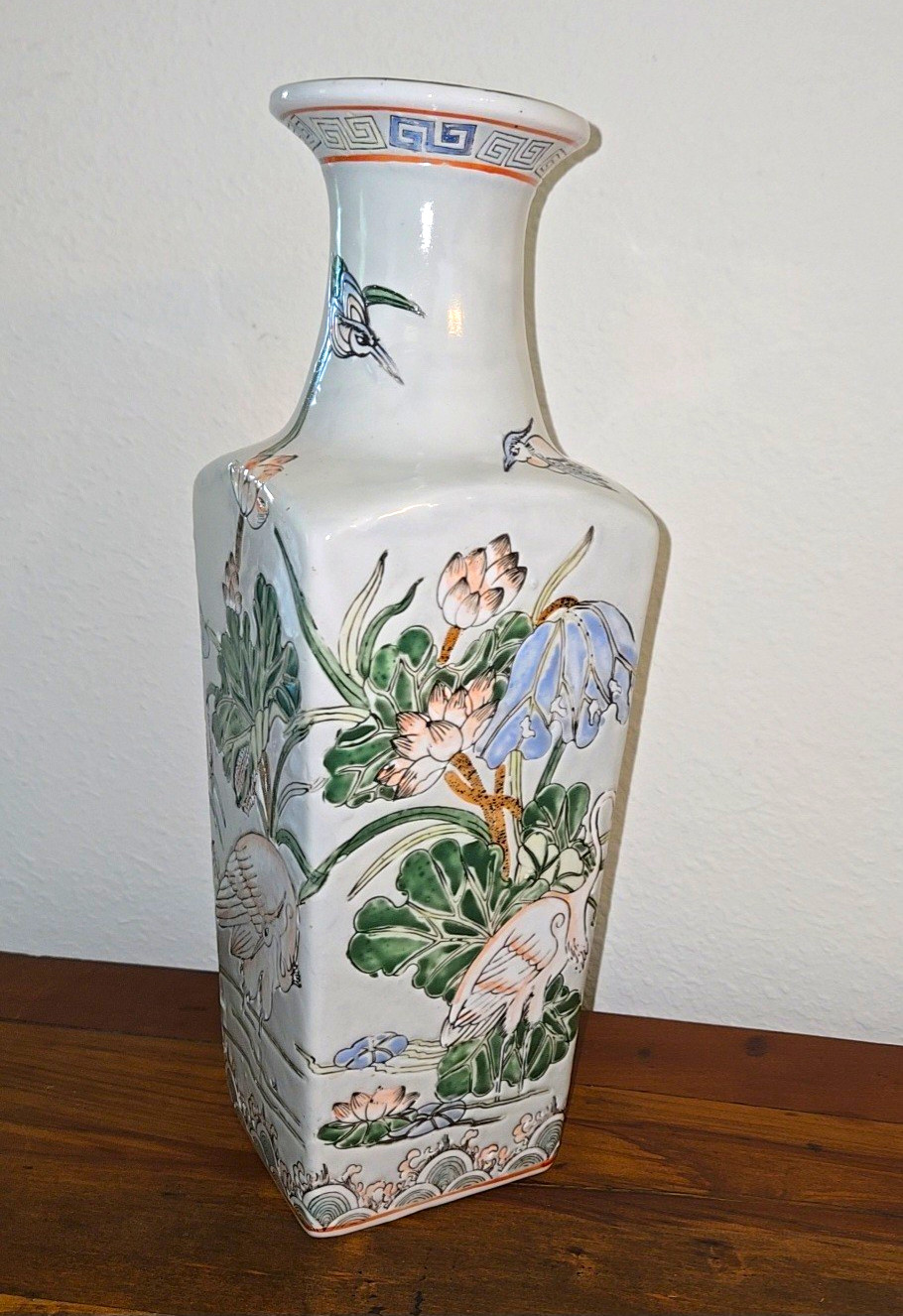 Vintage 1970s Chinese Export Macau Porcelain Square Vase - Hand Painted Cranes