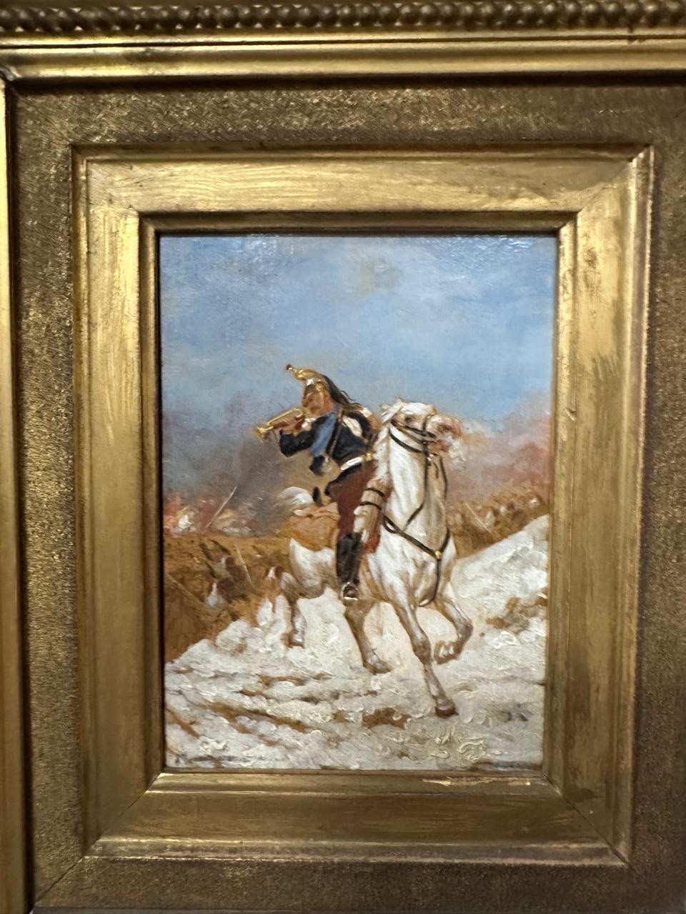 19th C Continental School Cavalry Bugler Battle Scene Oil on Mahogany Panel