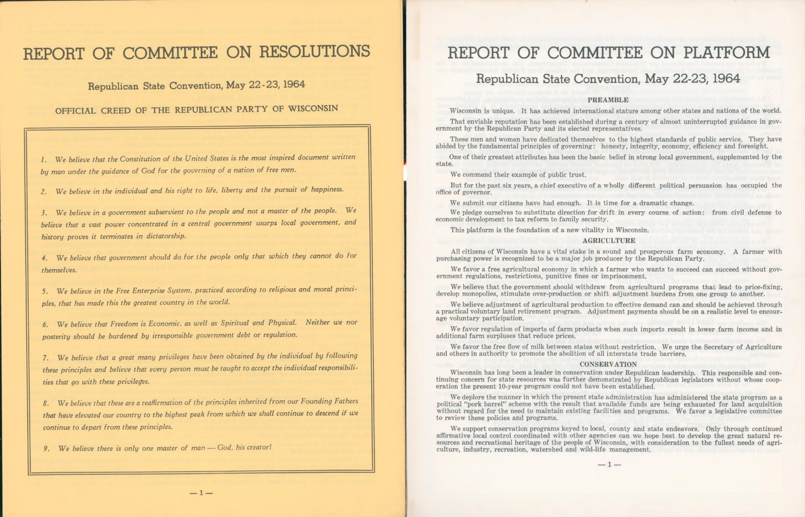 1964 Wisconsin Republican Convention Platform Resolutions JFK Warren Commission