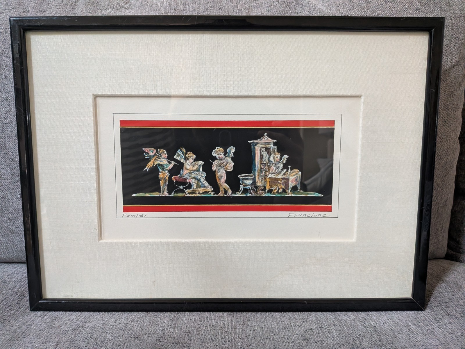 Vintage Mid-Century Italian Francione Signed Painting Pompei Cherubs Putti Frame