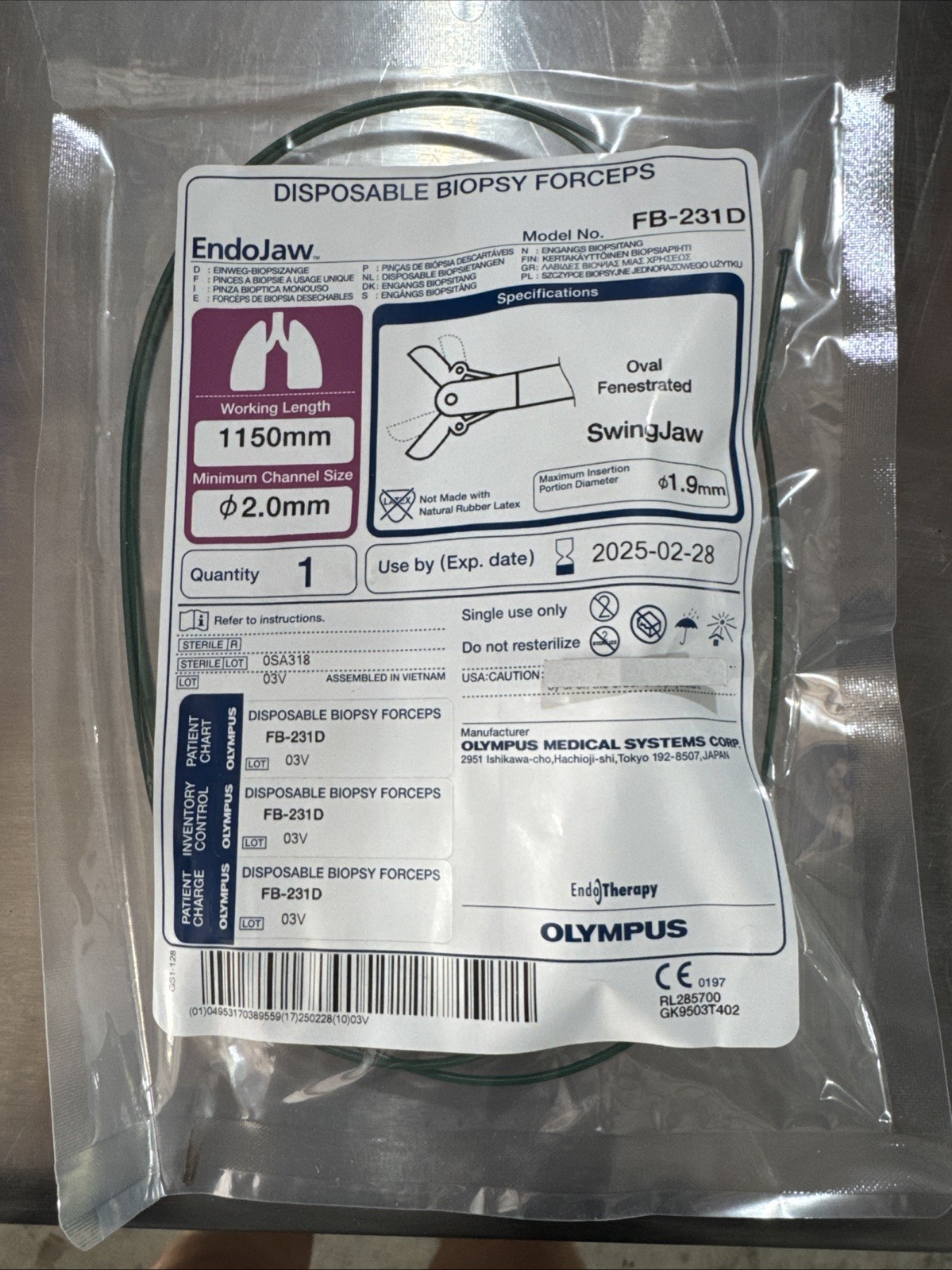 Olympus FB-231D Disposable Pulmonary Biopsy Forceps 2mm x 1150mm, Oval Jaws, NEW