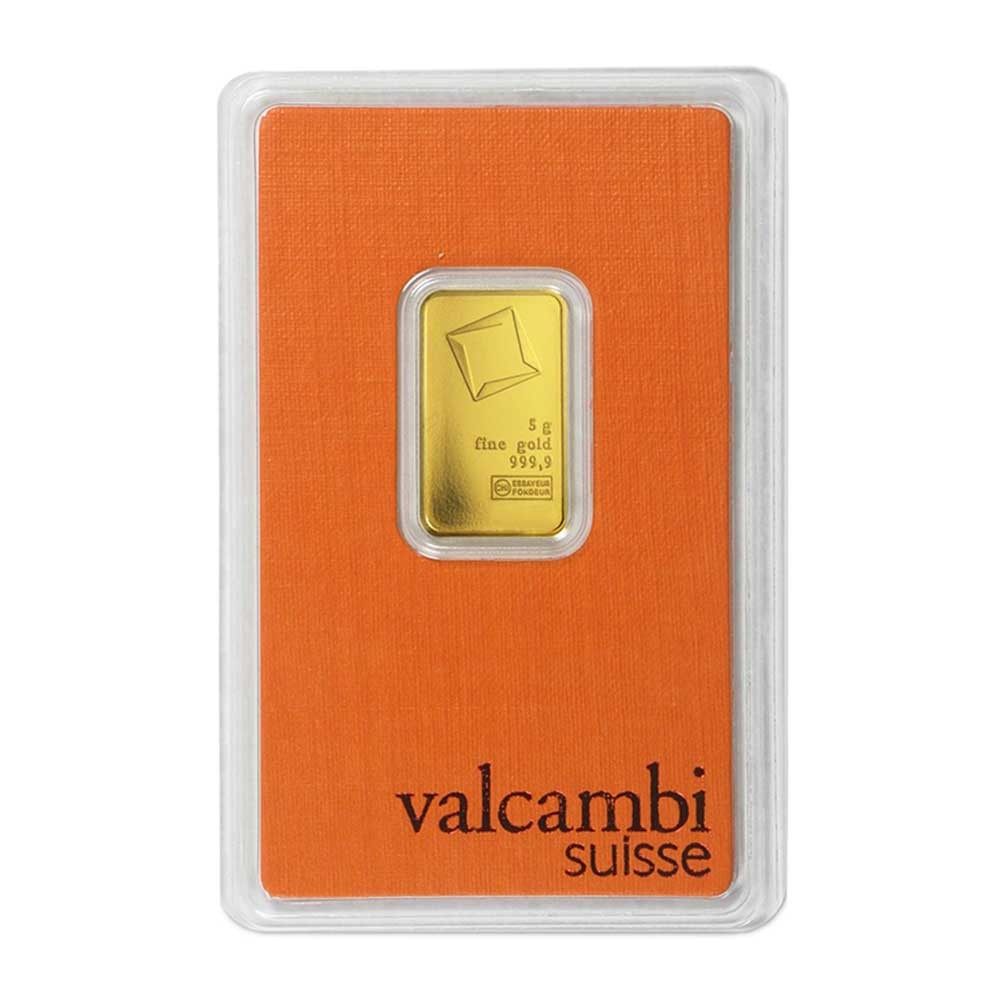 5 Gram Valcambi .9999 Fine Gold Bar in Assay 5 Gram Valcambi .9999 Fine Gold Bar in Assay