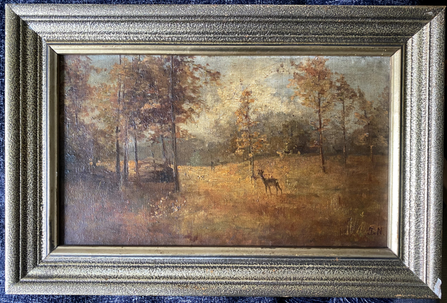::OIL PAINTING CIRCA 1880 AUTUMN FOREST ROEBUCK MONOGRAM J.V.N FRAME ANTIQUE CLEARING