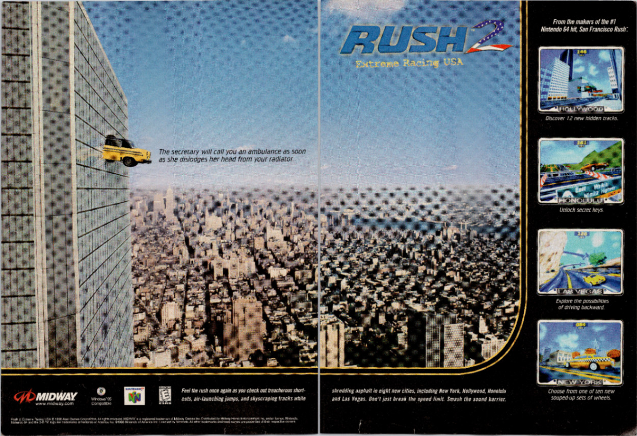 Midway Rush 2 Extreme Racing USA Vintage 1998 N64 2-Page Magazine Ad