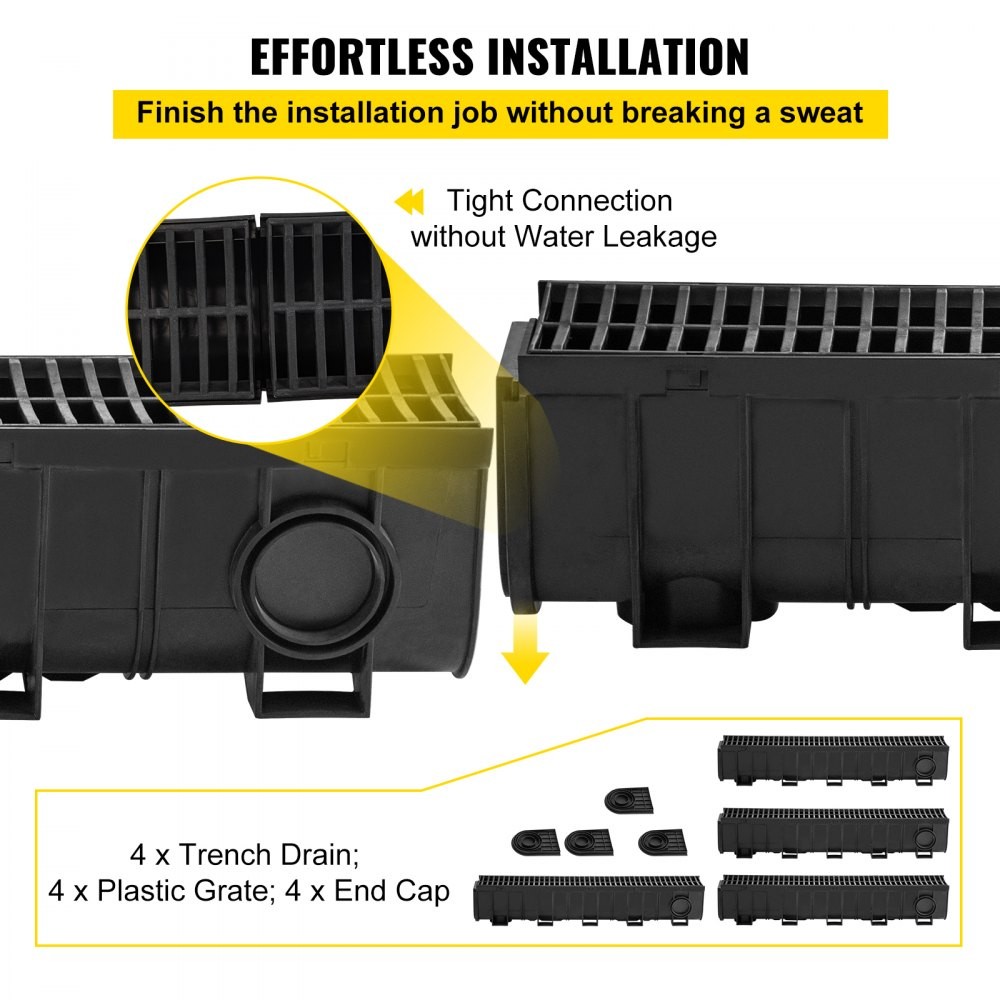 BLACK - VEVOR TRENCH DRAIN SYSTEM CHANNEL DRAIN WITH PLASTIC GRATE 5.9 X 7.5 IN.
