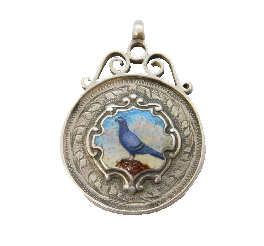 Sterling Silver & Enamel Racing Pigeon Fob Medal Antique 1923 Birmingham