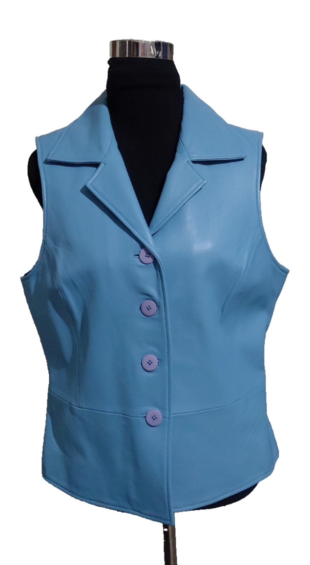 Vintage Sharon Young Light Blue Leather Vest Women\'s SZ Large Button Up Lined