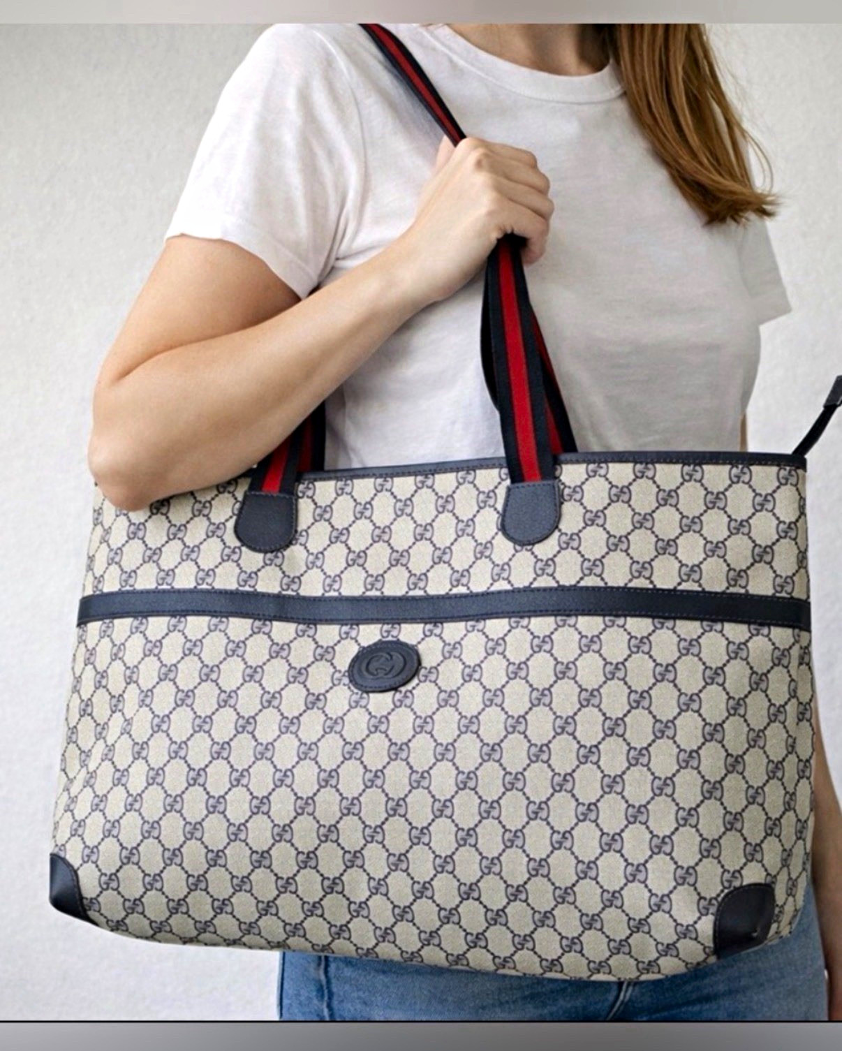 Authentic 1980s Gucci GG Web Blue Zip Tote Bag Authentic 1980s Gucci GG Web Blue Zip Tote Bag