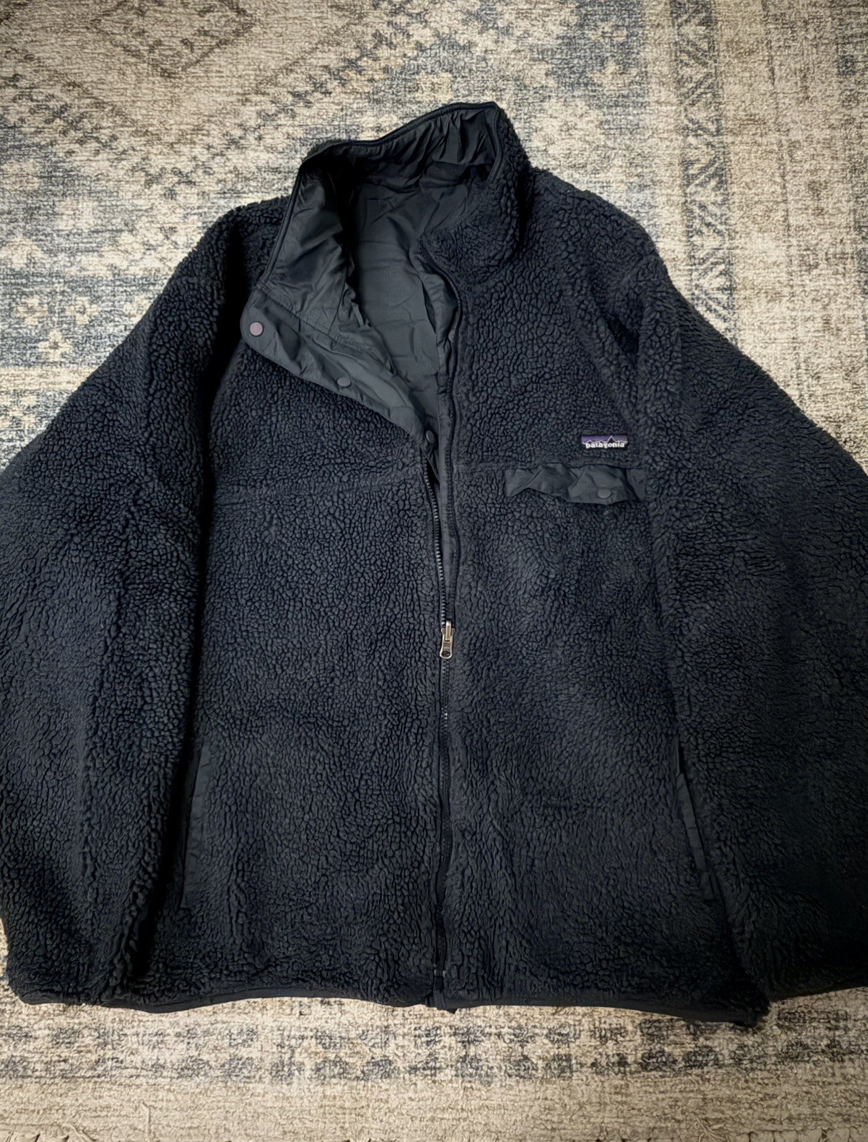 PATAGONIA Glissade Reversible Snap Zip Jacket Deep Pile Fleece Black XL 