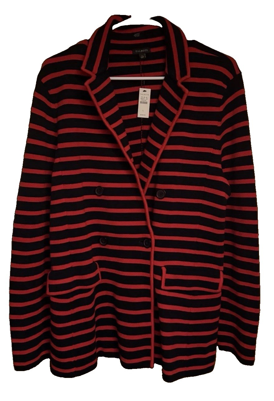 Title: NWT Talbots Striped Knit Blazer Jacket Womens Large L Red Black 52637841 Title: NWT Talbots Striped Knit Blazer Jacket Womens Large L Red Black 52637841